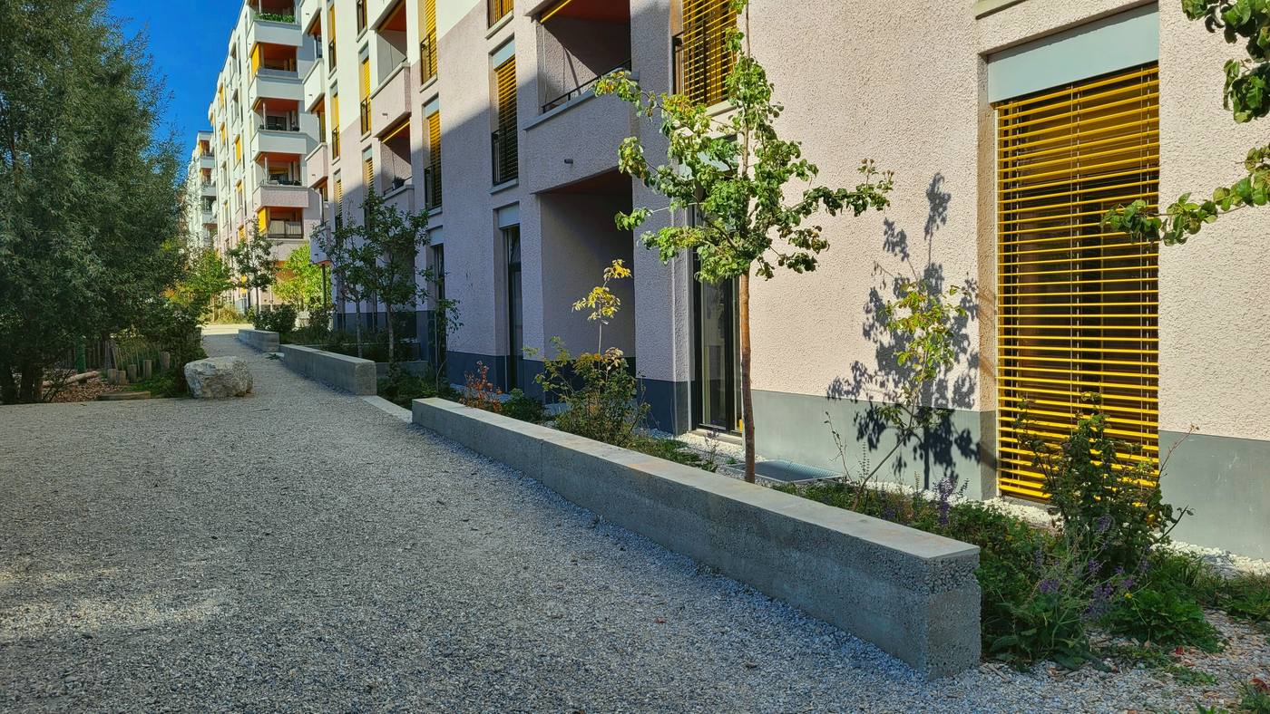 Allée en gravier longée de murets en béton et de massifs plantés au pied des façades